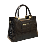 Stylish black croc-embossed handbag with gold accents and the brand name "Menglinkat" on the front. Perfect for chic occasions.
