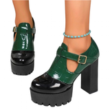 Women's High Block Heeled Mary Janes - Green - High Mary Janes - 42 B - PU Leather - image 1