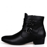 Men's Buckle Strap Block Heel Dress Boots - Black - Dress Boot - 12 B - PU Leather - image 2