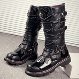 Men's Knee-High Combat Motorcycle Boots - Black - 3903 / Biker Boots - 38 B - PU Leather - image 6