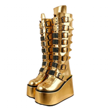 Women's Gold Black Buckle Strap Boots - Gold - Buckle Boots - 46 B - PU Leather - image 1