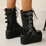 Women's Buckle Strap Wedge Biker Boots - Black - 1 - Matte - Biker Boots - 43 B - PU Leather - image 14