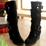 Women's Mid-Calf Suede Wedge Stud Boot - Suede - Brown Camel - 11 B - PU Suede Leather - image 29