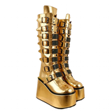 Women's Gold Black Buckle Strap Boots - Gold - Buckle Boots - 46 B - PU Leather - image 3