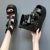 Women's Gothic Punk Rivet Wedge Sandal - Black - 1 / Rivet / Matte / Sandals - 43 B - PU Leather - image 6