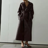 Women's Extra Long Faux Leather Coat - Brown - Long PU Leather Jacket - 5XL - PU leather - image 10