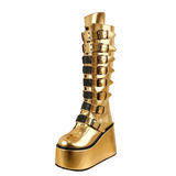 Women's Gold Black Buckle Strap Boots - Gold - Buckle Boots - 46 B - PU Leather - image 2