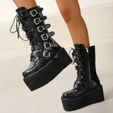 Women's Buckle Strap Wedge Biker Boots - Black - 1 - Matte - Biker Boots - 43 B - PU Leather - image 13
