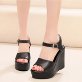 Women's Wedge Heel Summer Sandals - Black - 11.5cm heel - 12 B - PU Leather - image 7