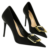 Women's Square Buckle Pointed Toe Pumps - Black - Formal Shoes - 40 B - PU Leather - image 4