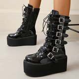 Women's Buckle Strap Wedge Biker Boots - Black - 1 - Matte - Biker Boots - 43 B - PU Leather - image 10