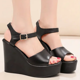 Women's Wedge Heel Summer Sandals - Black - 11.5cm heel - 12 B - PU Leather - image 8