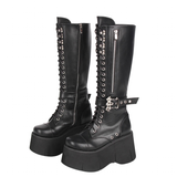 Women's Goth Zip Buckle Motorcycle Boot - Black - Knee High Boots - 47 B - PU Leather - image 1