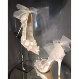 Women's Bow Knot Mesh Bridal Stilettos - Apricot - Wedding Shoe - 46 B - Mesh - image 1