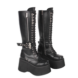 Women's Goth Zip Buckle Motorcycle Boot - Black - Knee High Boots - 47 B - PU Leather - image 3