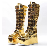 Women's Gold Buckle Strap Platform Boots - Gold - Buckle Boots - 46 B - PU Leather - image 4