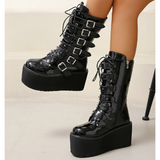 Women's Buckle Strap Wedge Biker Boots - Black - 1 - Matte - Biker Boots - 43 B - PU Leather - image 11