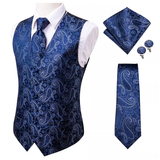 Men's Formal 4 Pcs Silk Slim Waistcoat Sets - Dark Blue - MS-0020 - 4 PCS - Vest Set - XXXL - Silk - image 1