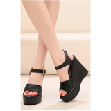 Women's Wedge Heel Summer Sandals - Black - 11.5cm heel - 12 B - PU Leather - image 9
