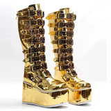 Women's Gold Buckle Strap Platform Boots - Gold - Buckle Boots - 46 B - PU Leather - image 6