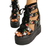 Women's Strappy Platform Wedge Shoes - Black - Flower Sandals - 43 B - PU Leather - image 1