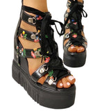 Women's Strappy Platform Wedge Shoes - Black - Flower Sandals - 43 B - PU Leather - image 2