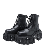 Women's Leather Dark Punk Lace Up Boot - Black - Biker Boots - 46 B - Split Leather - image 9