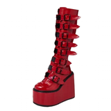 Women's Red Buckle Strap Platform Boots - Red - Buckle Boots - 46 B - PU Leather - image 2