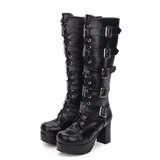 Women's Punk Cross and Buckle Strap Boot - Black - 1 / 8cm PU / Matte Boots - 44 B - PU Leather - image 1