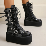 Women's Buckle Strap Wedge Biker Boots - Black - 1 - Matte - Biker Boots - 43 B - PU Leather - image 12