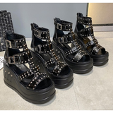 Women's Gothic Punk Rivet Wedge Sandal - Black - 1 / Rivet / Matte / Sandals - 43 B - PU Leather - image 5