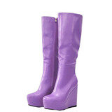 Women's Super High Wedge Heeled Boots - Black - High Boots - 52 B - PU Leather - image 25