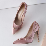 Women's Elegant Silk Formal Prom Stilettos - Gold - Embossed Shoe - 9.5 B - Silk/PU Leather - image 8