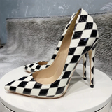 Women's Black and White Checkered Stilettos - Black - 1 / 12cm Heel - 46 B - PU Leather - image 8