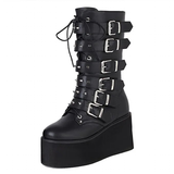 Women's Buckle Strap Wedge Biker Boots - Black - 1 - Matte - Biker Boots - 43 B - PU Leather - image 18