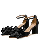 Women's Satin Bow Wedding Block Heels - Black - Bridal Shoes - 43 B - PU Leather - image 16