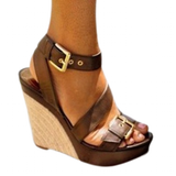 Women's Summer Peep Toe Wedge Sandal - Black - Wedge Sandals - 43 B - PU Leather - image 6