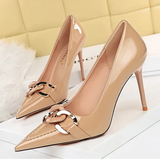 Women's Patent Metal Buckle Luxury Heels - Beige - 10cm Heels - 43 B - PU Leather - image 11