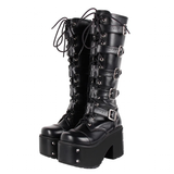 Women's Gothic Harajuku Platform Stud Boots - Black - Cross / Matte / Stud Heel / 10cm - 44 B - PU Leather - image 1