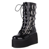 Women's Buckle Strap Wedge Biker Boots - Black - 2 - Patent - Biker Boots - 43 B - PU Leather - image 20