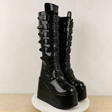 Women's Black Buckle Strap Platform Boots - Black - Buckle Boots - 46 B - PU Leather - image 4