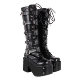 Women's Gothic Harajuku Platform Stud Boots - Black - Cross / Matte / Stud Heel / 10cm - 44 B - PU Leather - image 3