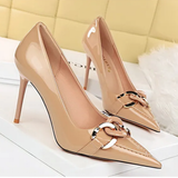 Women's Patent Metal Buckle Luxury Heels - Beige - 10cm Heels - 43 B - PU Leather - image 7