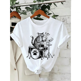 Unisex Musical Cat Tee - White -  Drumming Cat Shirt - 5XL - Polyester - image 1