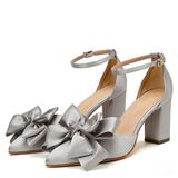 Women's Satin Bow Wedding Block Heels - Grey - Bridal Shoes - 43 B - PU Leather - image 18