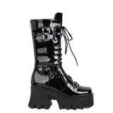 Women's Mid-Calf Platform Buckle Boots - Black - Patent Boots - 43 B - PU Leather - image 8