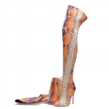 Women's Multicolor Snake Print Long Boots - Apricot - Snake Print - 45 B - Plush Stretch Material - image 1
