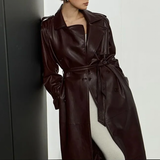 Women's Extra Long Faux Leather Coat - Brown - Long PU Leather Jacket - 5XL - PU leather - image 3