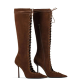 Women's Stylish Lace Up Stiletto Boots - Blue - Denim Long Boots - 45 B - PU Leather - image 21
