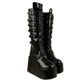 Women's Black Buckle Strap Platform Boots - Black - Buckle Boots - 46 B - PU Leather - image 3